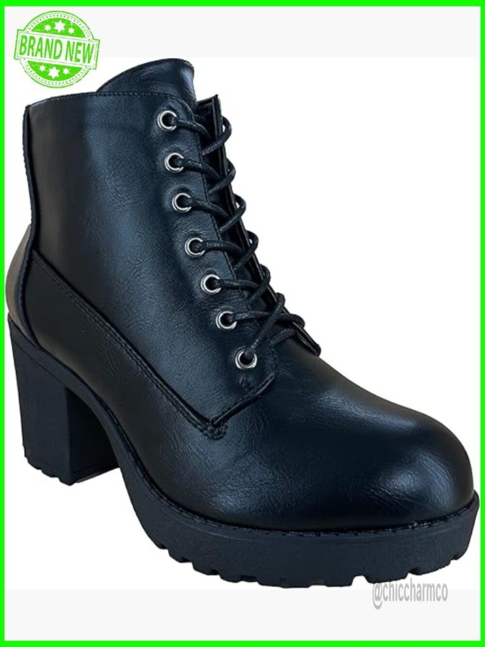 Chunky Heeled Lace Up Ankle Combat Bootie, Block Heel, Lug Sole, Zip Closure